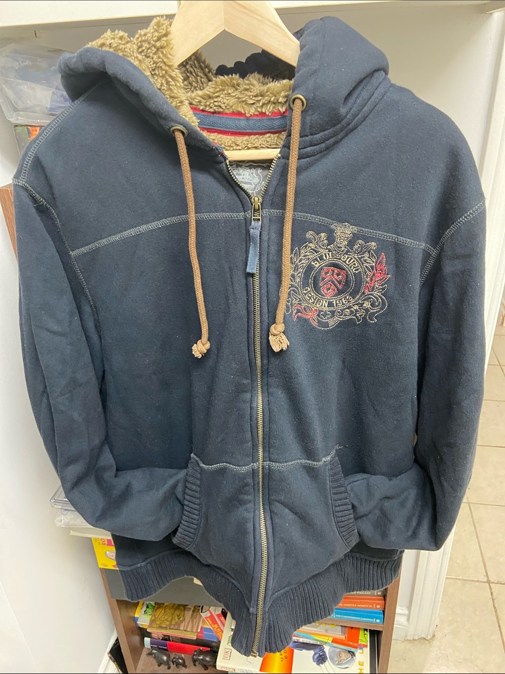Vintage Blue Guru Men's Hooded Zip Sweater Jacket - Navy with Sherpa Lining